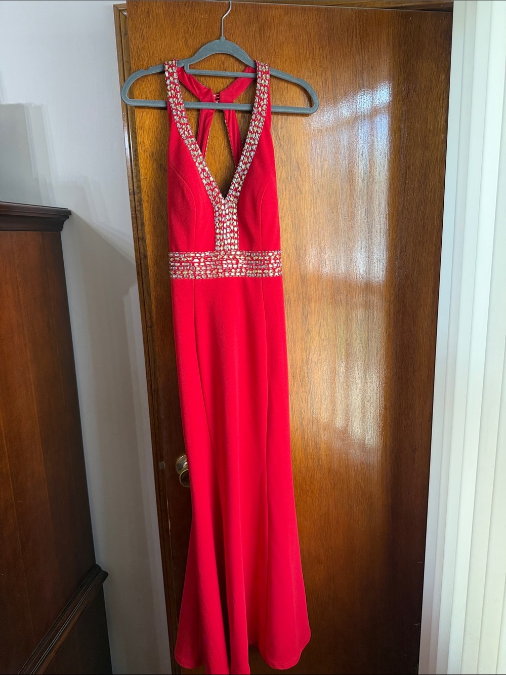 Red Jeweled Halter Evening Gown